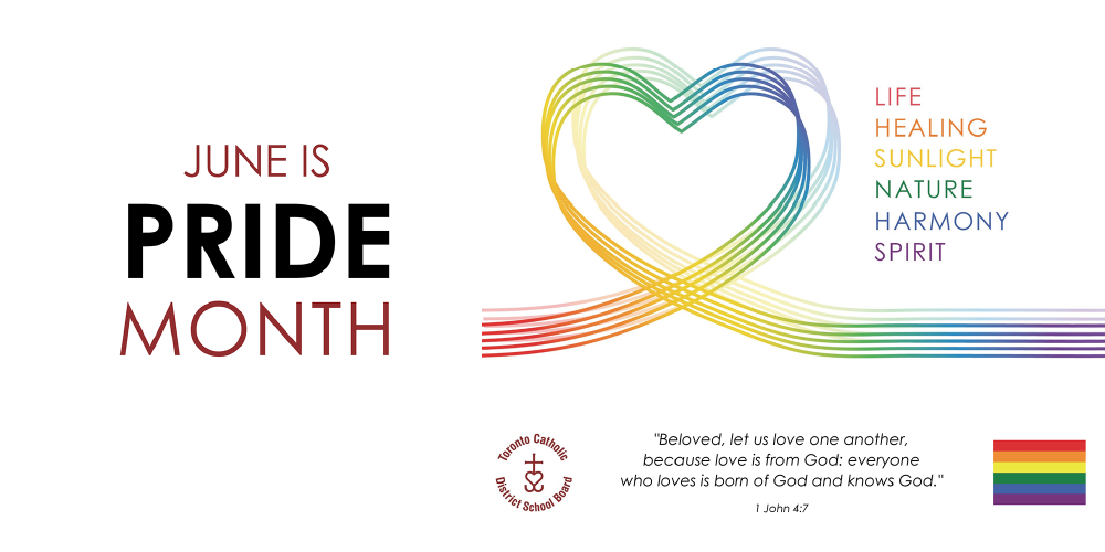 An illustration of a multi-colored heart-shape graphic with the following text: June is Pride Month. Life. Healing. Sunlight. Nature. Harmony. Spirit.