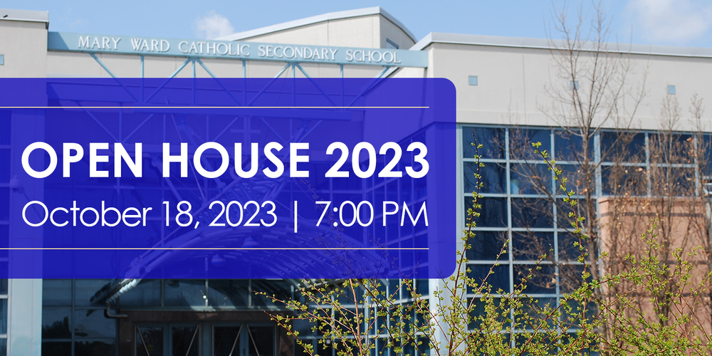 Front of the school building with the words Open House 2023 - October 18, 2023 - 7:00 PM on top