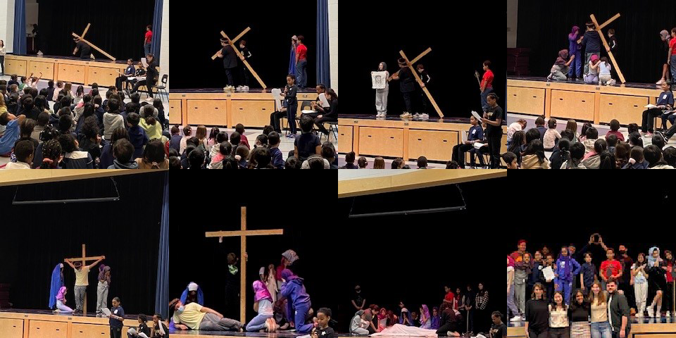 Our Lady of Lourdes students and OISE teacher candidates performing the stations of the cross on stage for the school community.