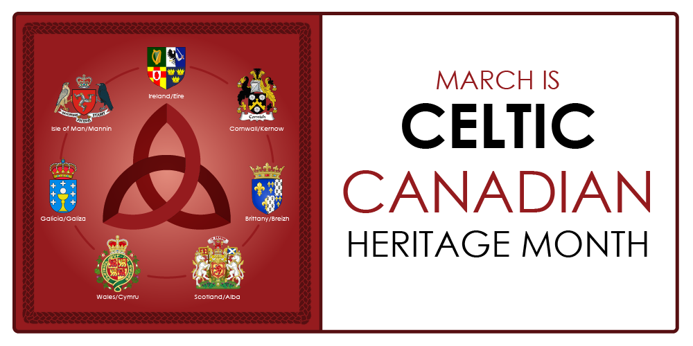 A banner image consists of 7 crests: Brittany/Breizh; Cornwall/Kernow; Galicia/Galiza; Ireland/Eire; Isle of Man/Mannin; Scotland/Alba; Wales/Cymru. March is Celtic Canadian Heritage Month is written on the right hand side.
