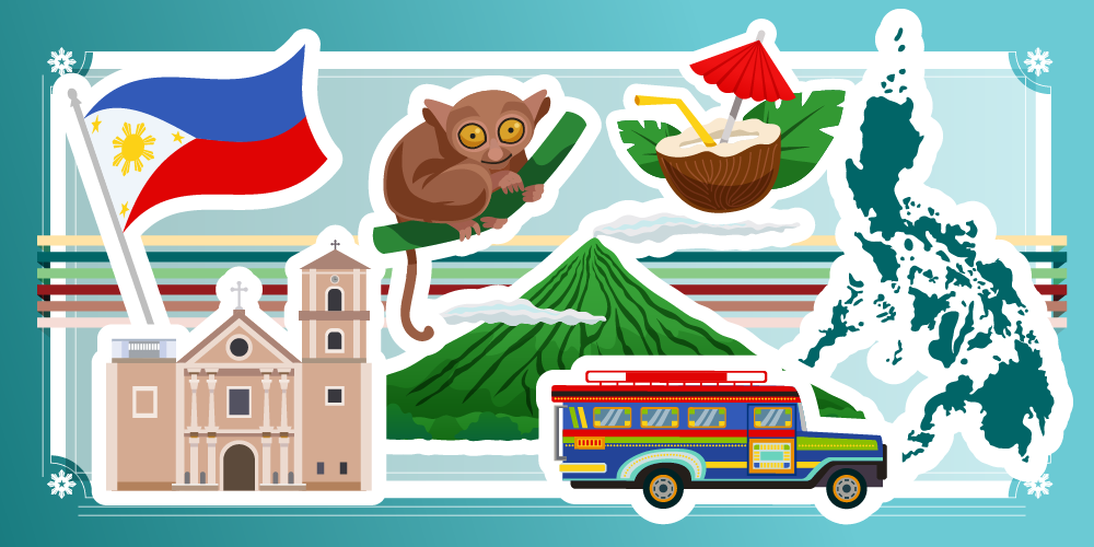 A graphic poster with different elements celebrating Filipino heritage, including flag, map, church, coconut, mountain, tarsier and Jeepneys.
