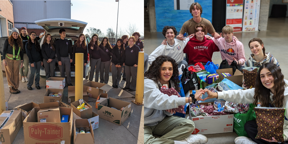 A photo consists of 2 pictures: First picture shows a group of students in uniform standing in front of food donations. The second picture shows a group of students sitting in front of food and household items donation.