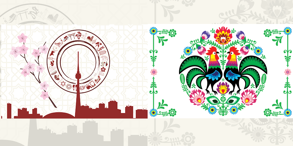 Graphic for Asian Canadian Heritage Month, showing a silhouette at the bottom in red of the Toronto skyline. In a circle around the silhouette of the CN Tower are drawn diverse symbols of Asian faith, heritage and culture, including a hand fan, an elephant, a cherry blossom, a camel, a lotus flower, a paifang, and more. On the left of the circle is a cherry blossom branch with pink cherry blossoms flowering on it. Graphic for Polish Canadian Heritage Month, showing colourful vector drawings of flowers, leaves, cockerels and feathers reminiscent of the style of wycinanki Polish folk art.