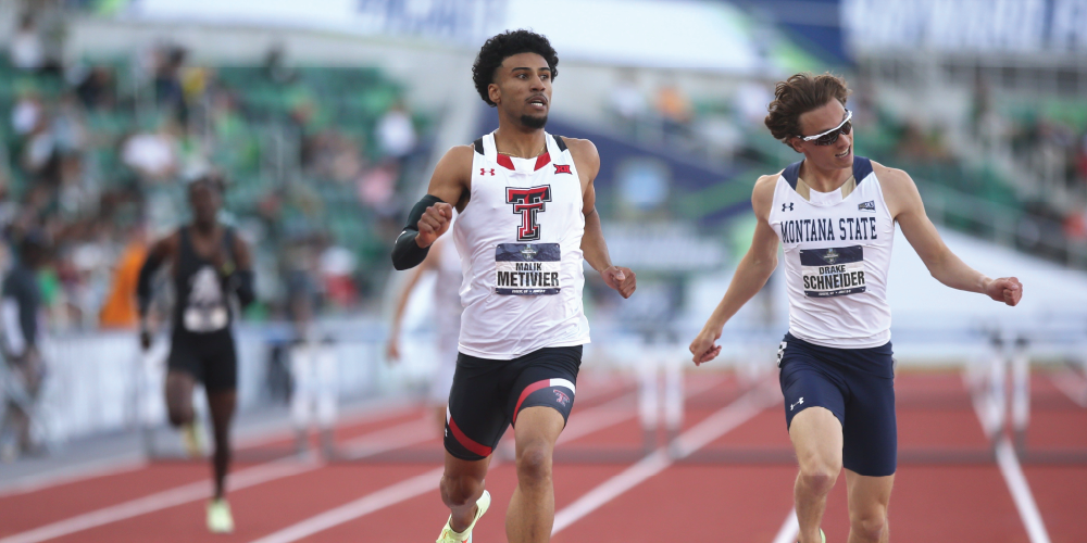 Malik Metivier crossing the finish line in the 400-metre hurdles event at the 2022 NCAA Outdoor Track and Field Championships.