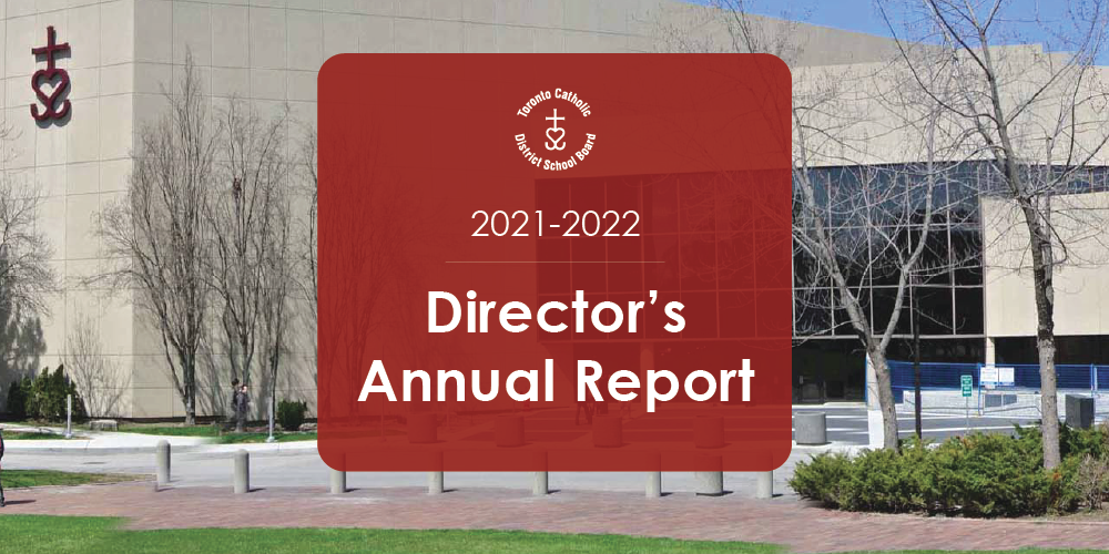 An image of the Catholic Education Centre entrance with 2021-2022 Director's Annual Report written on it.