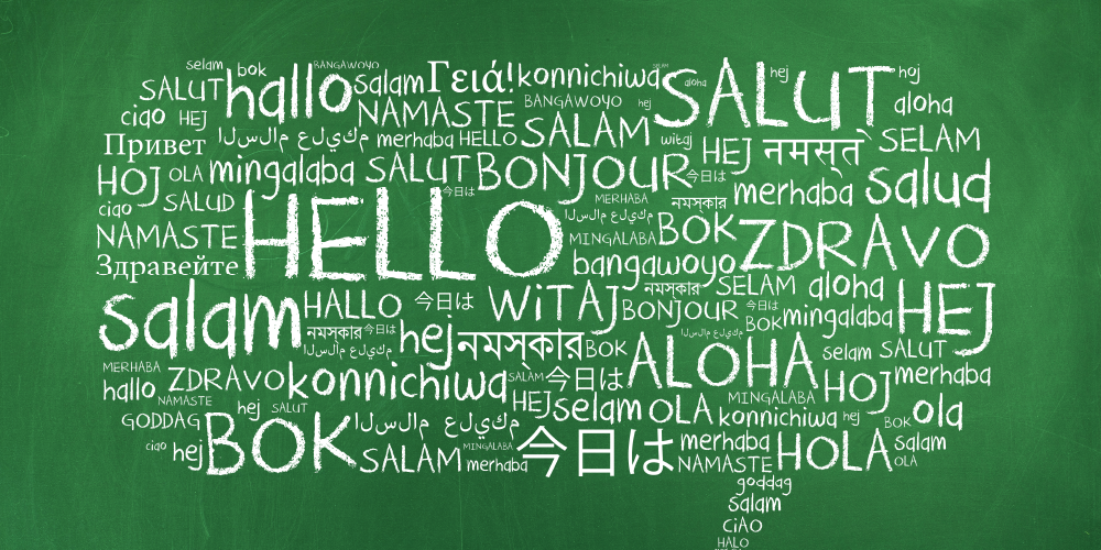 A graphic with green background with "hello" written in multiple languages. 