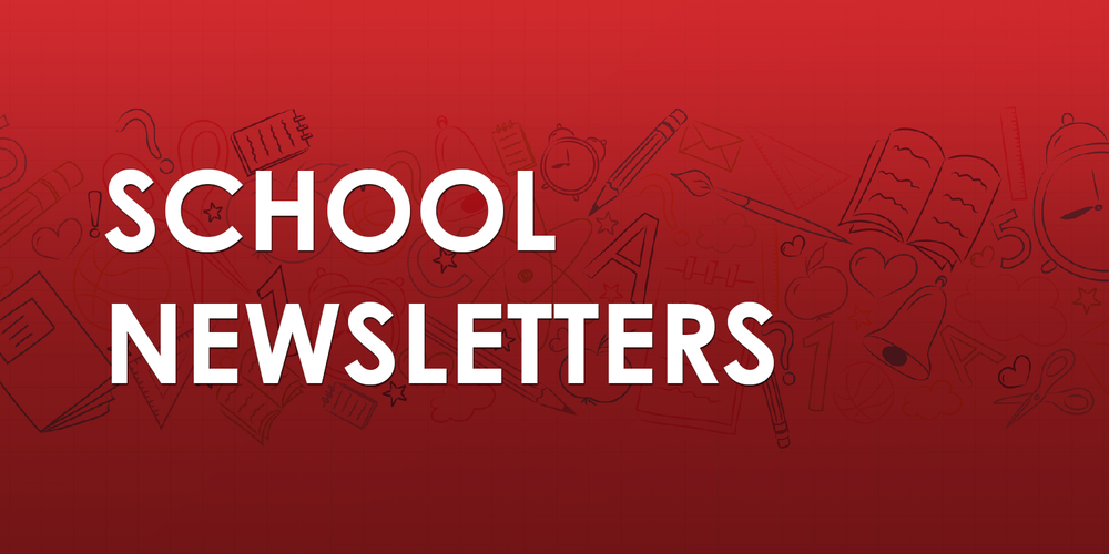 School Newsletter in white fonts over a red background