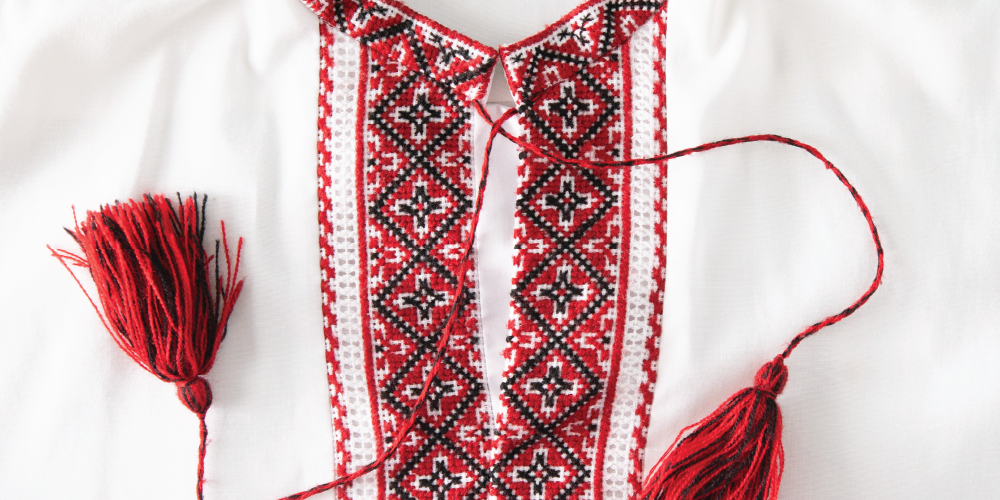 An image consists of a traditional embroidered  Ukrainian shirt called vyshyvankas.