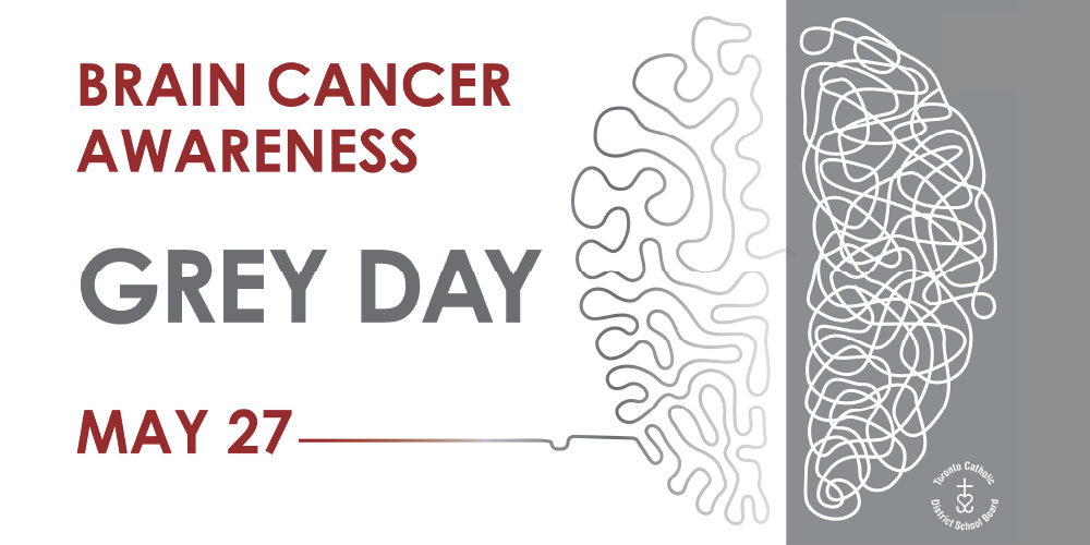 An illustration of a brain with grey background. Text include Brain Cancer Awareness Grey Day May 27