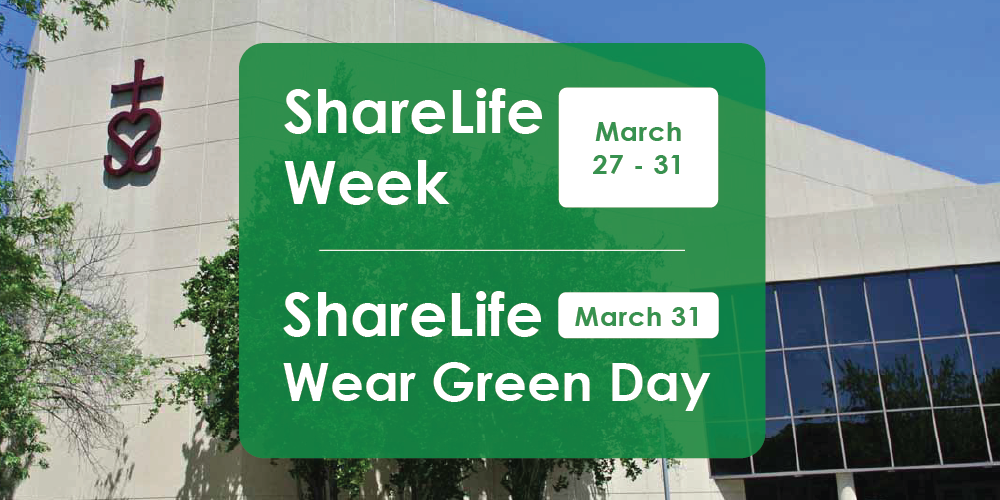 An image of the Catholic Education Centre entrance with ShareLife Week March 27-31 and ShareLife Wear Green Day March 31 written on the image.