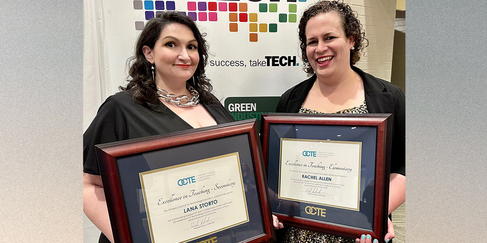 Banner -  Lana Storto and Rachel Allen holding OCTE awards