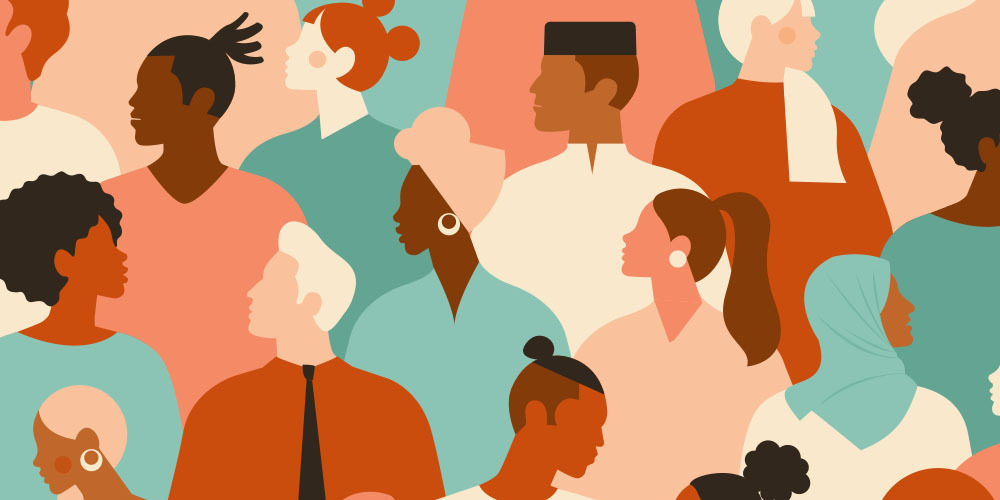 An illustration of a group of people looking left and right.