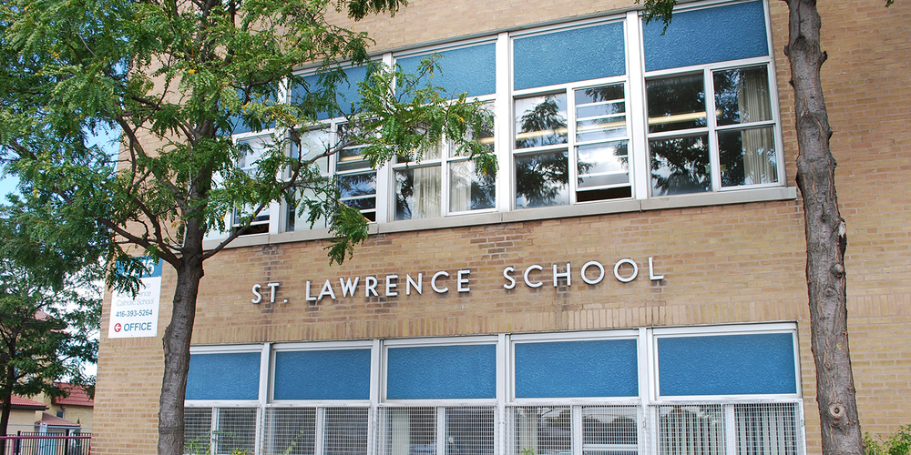 The front of the  St. Lawrence Catholic School building.