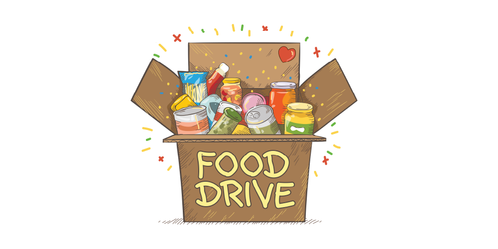 An illustration of a cardboard box with various food items in it. Food Drive is written on the outside of the box. 