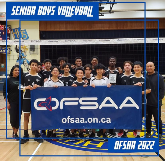 Francis Libermann Senior Boys Volleyball Team posing with OFSAA Banner