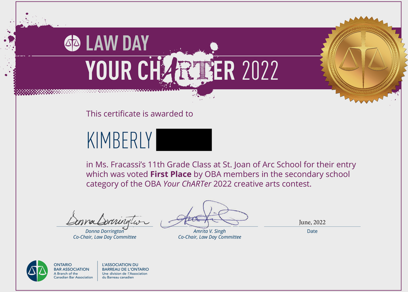 Kimberly's certificate for being awarded first place in the Your Charter 2022 competition, signed by the Co-Chairs of the Law Day Committee.