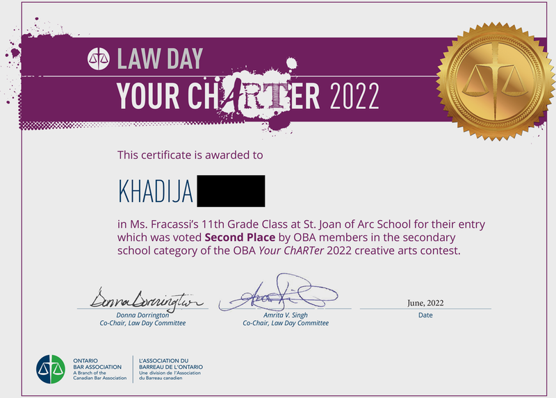 Khadija's certificate for being awarded second place in the Your Charter 2022 competition, signed by the Co-Chairs of the Law Day Committee.