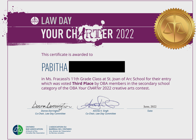 Pabitha's certificate for being awarded third place in the Your Charter 2022 competition, signed by the Co-Chairs of the Law Day Committee.