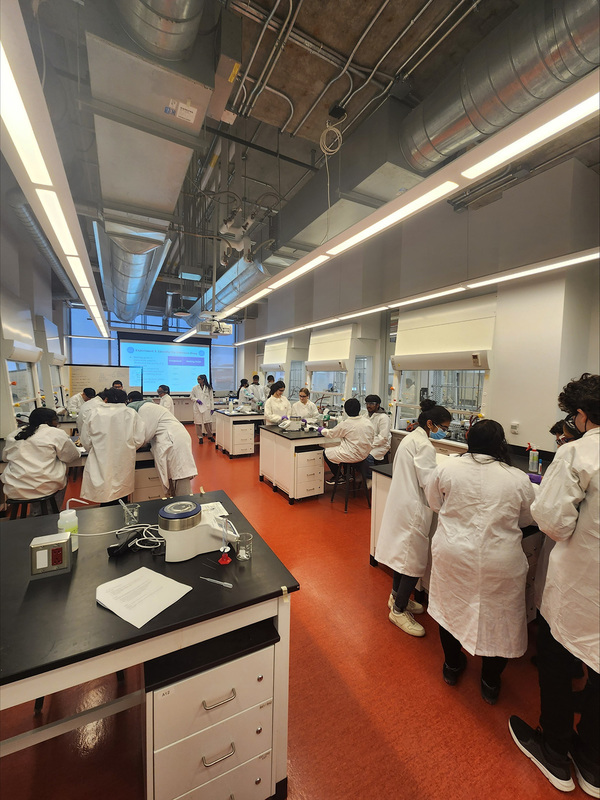 Photo of Libermann students working together in the UTSC lab, in lab coats.