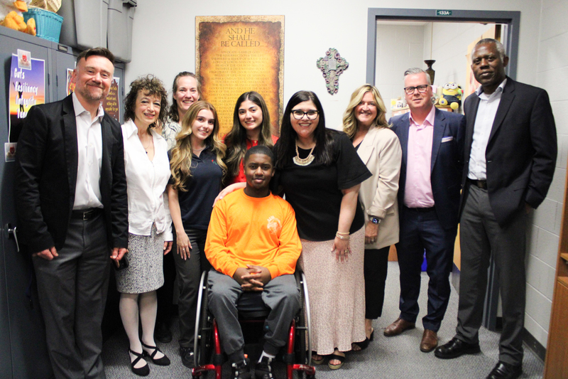 Group photo of Marshall McLuhan students and staff of the Students Helping Students Program along with TCDSB Director of Education Brendan Browne, Executive Superintendent Shawna Campbell and Superintendent George Danfulani